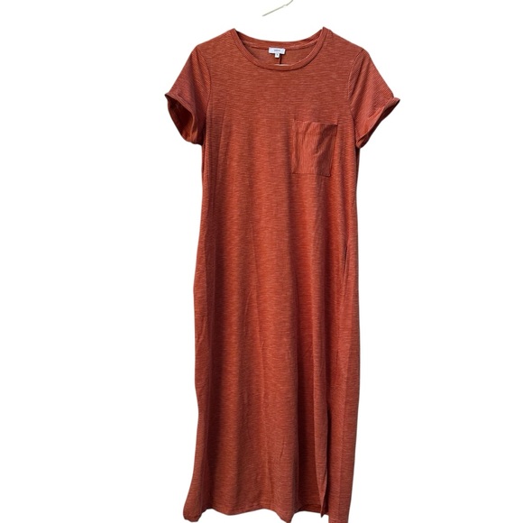 Voy Dresses & Skirts - Voy Orange Striped Short Sleeved Maxi T-Shirt Dress Sz M